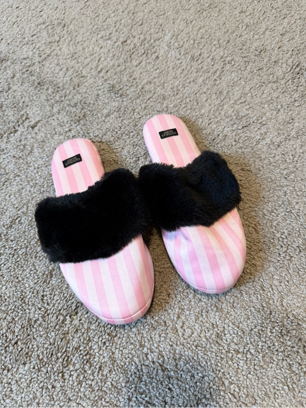 Victoria’s Secret Pink Stripe Faux Fur Slide Slippers